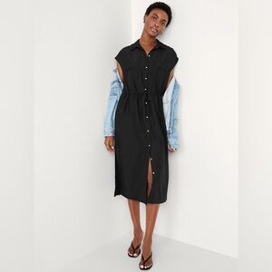 NWT OLD NAVY Black Waist-Defined Utility Midi Button-down Dress Small
